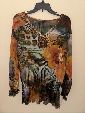 Women’s Beaded V-Neck Floral & Animal Print Long Sleeve Shirt - Orange Multi